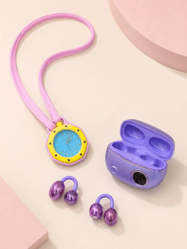 Mor Kablosuz Stereo Kulaklık ve Pembe Askılı Analog Çanta Saati Günlük Kullanım İkili Fırsat Seti