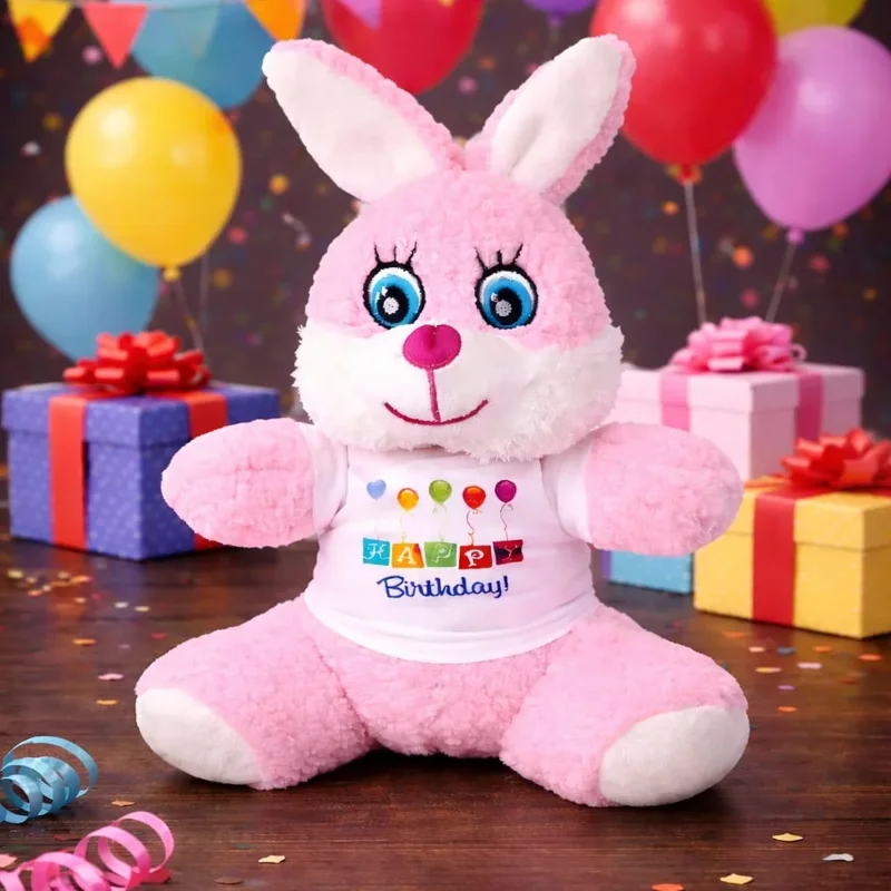 Şık Tişörtlü Peluş Tavşan 25 Cm - Happy Birthday Temalı