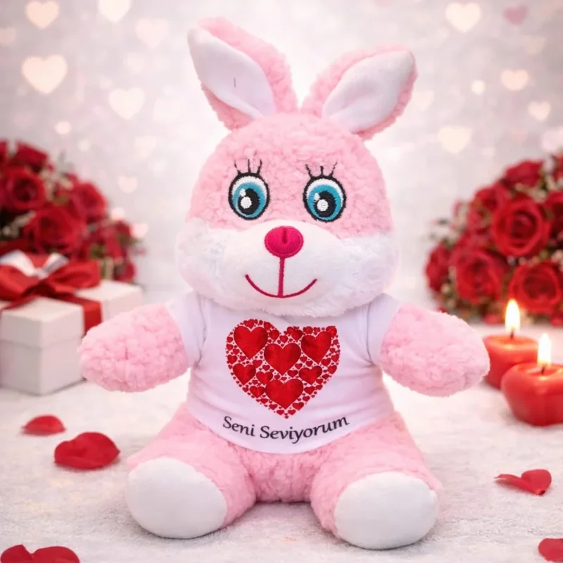 Şık Tişörtlü Peluş Tavşan 25 Cm Pembe Renk Hediye