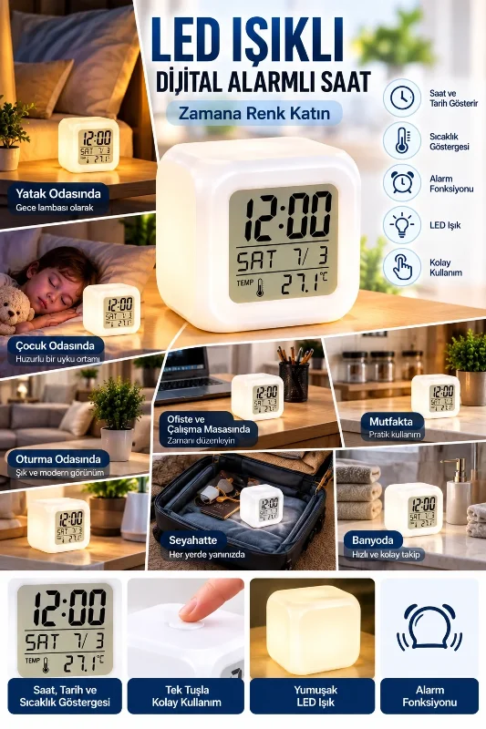 Dekoratif Küp Saat İle Led Ve Alarm Fonksiyonu – 3. görsel