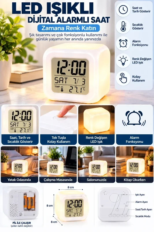 Dekoratif Küp Saat İle Led Ve Alarm Fonksiyonu – 2. görsel