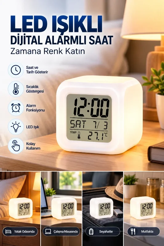 Dekoratif Küp Saat İle Led Ve Alarm Fonksiyonu – 4. görsel