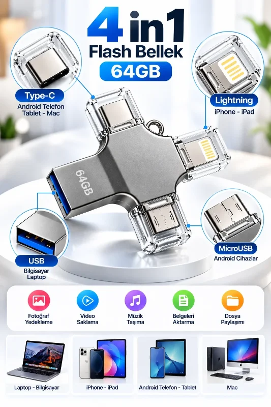 Pratik 4'ü 1 Arada 64gb Flash Bellek Taşınabilir Depolama – 3. görsel