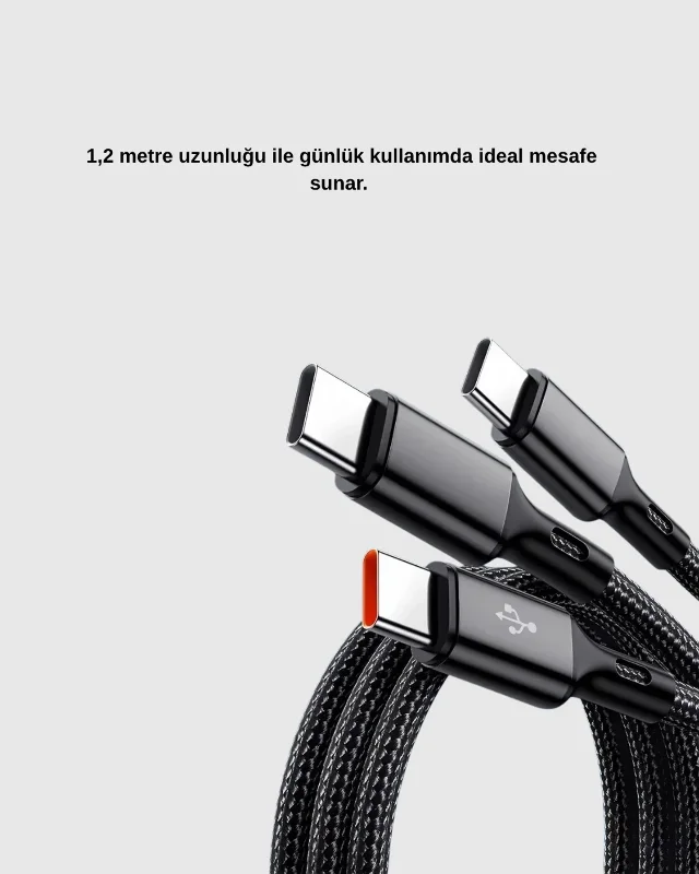 Dayanıklı 3 Başlıklı Hızlı Şarj Kablosu 1,2 Metre – 2. görsel