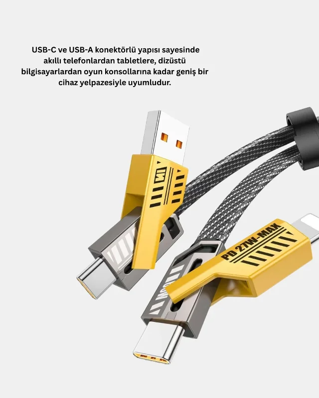 Örgülü Hızlı Şarj Kablosu 4'ü 1 Arada 65w Usb-c Usb-a