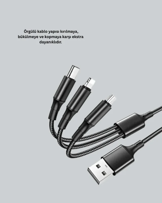 Esnek Dayanıklı 3 Başlıklı Şarj Kablosu 1,2 Metre İphone Huawei Samsung