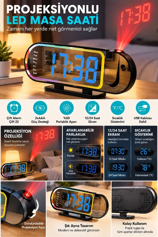 Şık Tasarımlı Led Dijital Masa Saati 12 24 Saat Gösterimi