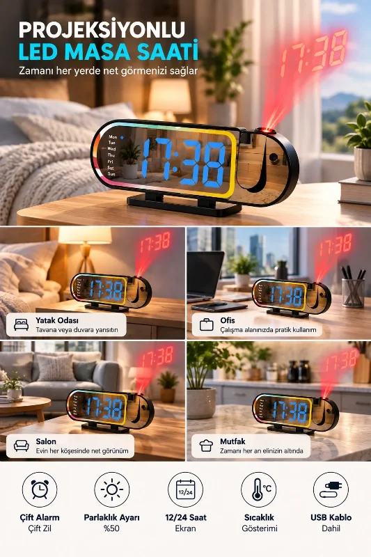 Şık Modern Dijital Led Masa Saati 12 24 Saat Seçenekli
