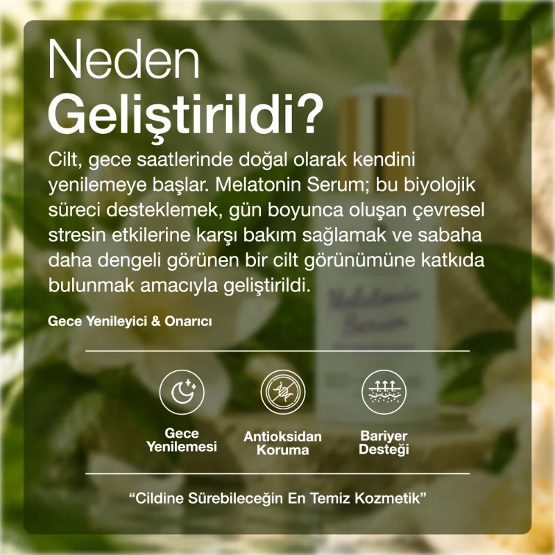 Melatonin Serum | Gece Yenileyici & Onarıcı | Melatonin, Niasinamid, Hyaluronik Asit, Gül | 30mL
