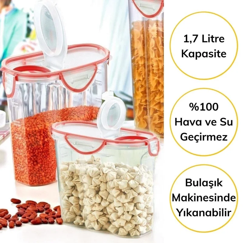 Kilitli Kapaklı Contalı Erzak Saklama Kabı 1,7 L 2'li Set - Hava ve Su Geçirmez