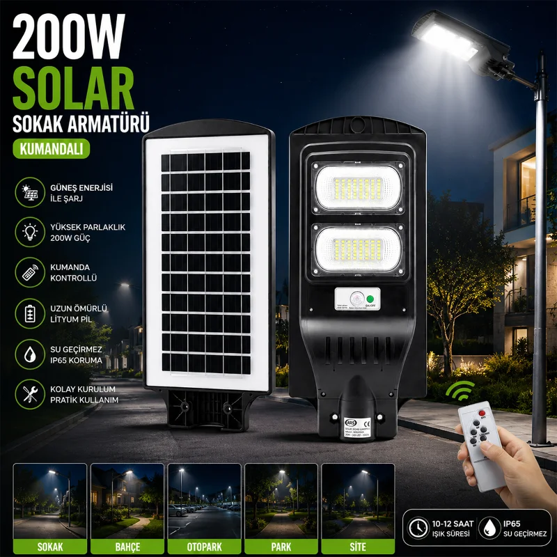 200W 6500K Solar Sokak Lambası Sensörlü Kumandalı