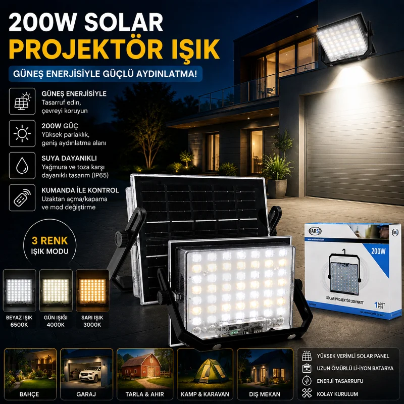 200W Güneş Enerjili LED Projektör - Kamp & Dış Mekan