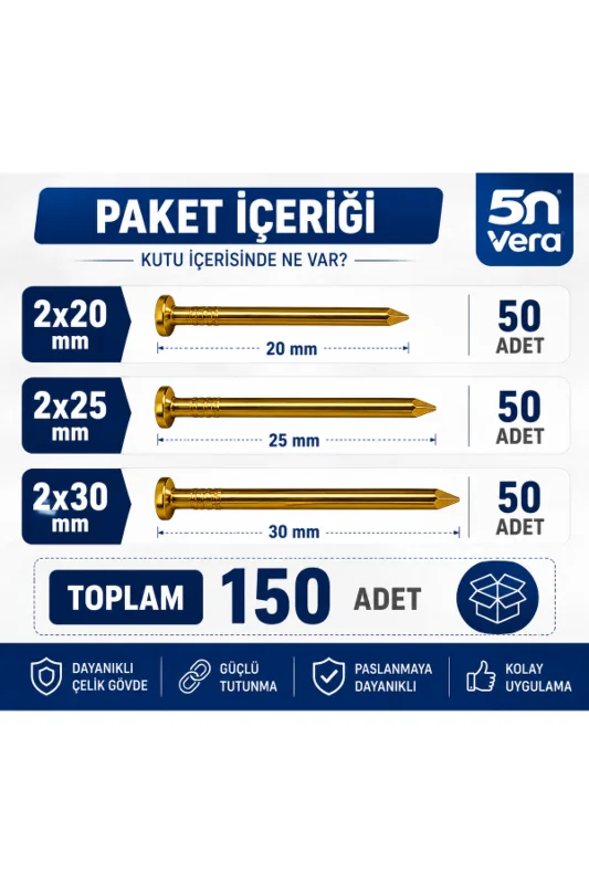 5N VERA Çelik Beton Çivisi Seti 150 Adet | 2x20 mm, 2x25 mm, 2x30 mm | 3 Farklı Ölçü | Beton, Tuğla ve Briket İçin