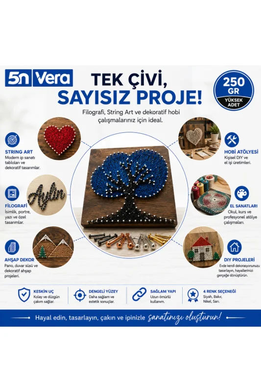 Bombeli Başlıklı Filografi Çivisi 250 Gram | Nikel Kaplamalı String Art ve Ahşap El Sanatları İçin Hobi Çivisi