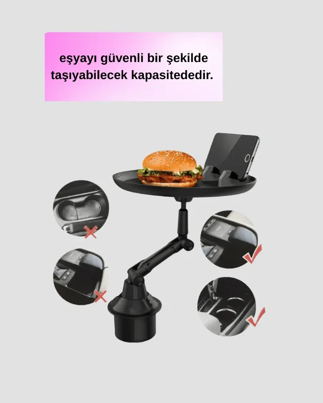360° Dönebilen Araç Bardaklık Tepsisi Kol Geniş Alanlı