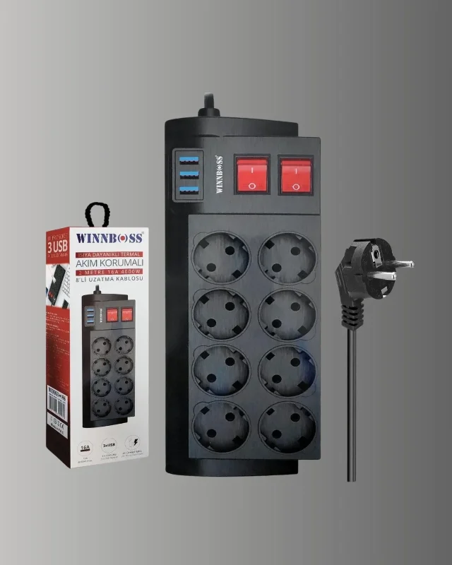 Isıya Dayanıklı 8'li Priz 2 Metre 3 Usb'li Uzatma Kablosu