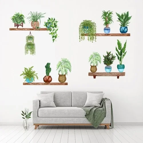 Şık Raflı Saksılı Çiçek Sticker 3d Etkili Dekorasyon