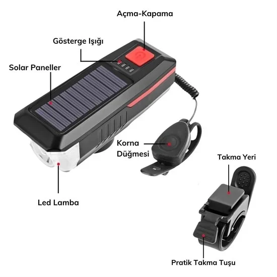 Kornalı Su Geçirmez Solar Enerjili Bisiklet Feneri Usb Şarjlı