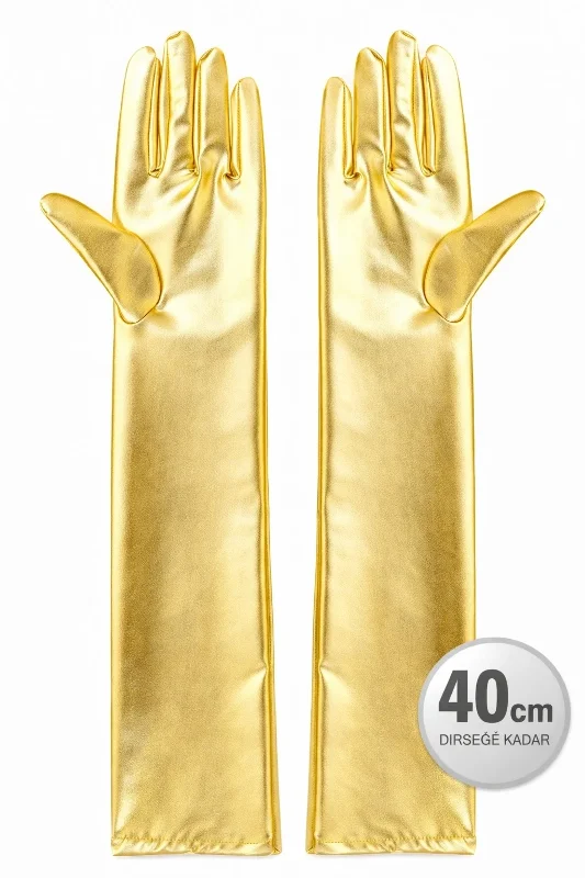 Lüks Altın Renk Saten Eldiven 40 Cm Dirsek Altı