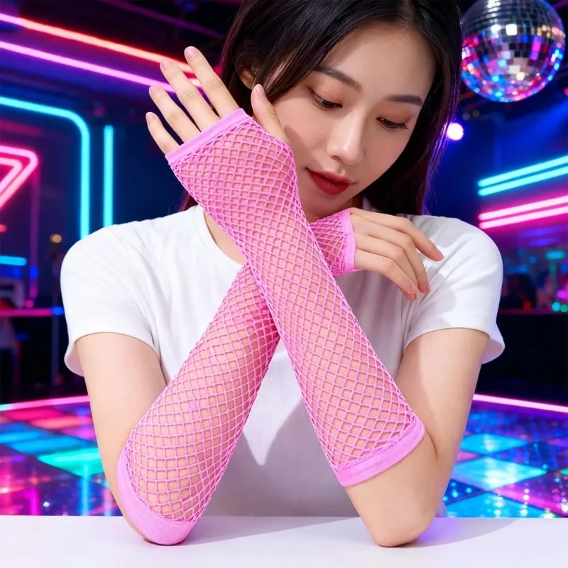 Retro Neon Pembe File Parmaksız Eldiven 26 Cm