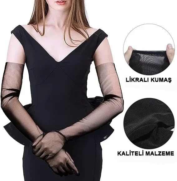 Şık Mega Tül Eldiven 53 Cm Siyah Renk Yetişkinler İçin