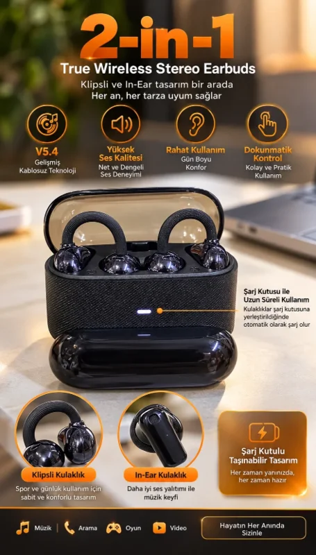 Şık Kablosuz Bluetooth Kulaklık 4'lü Set Klipsli Ve In Ear