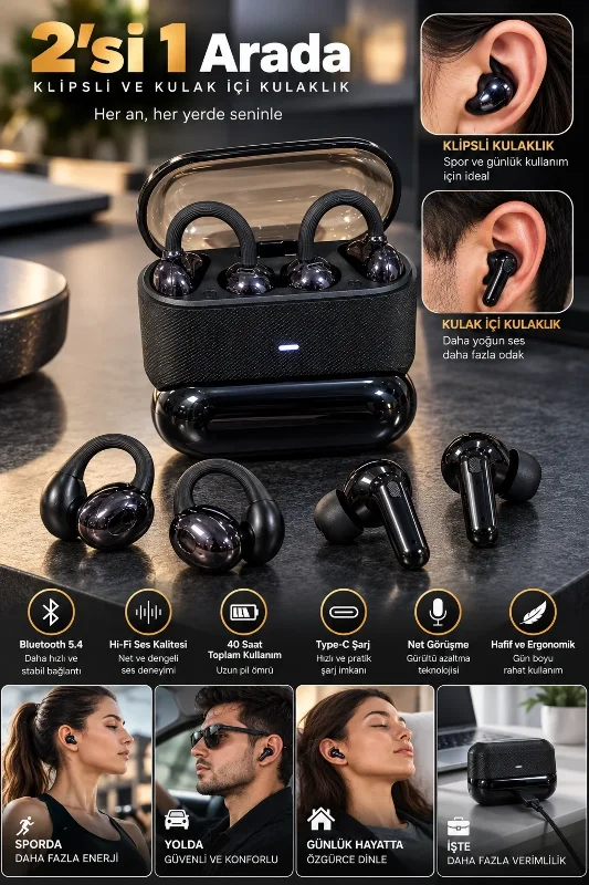 Pratik 2'si 1 Arada Kablosuz Bluetooth Kulaklık Seti 4 Kulaklık Siyah