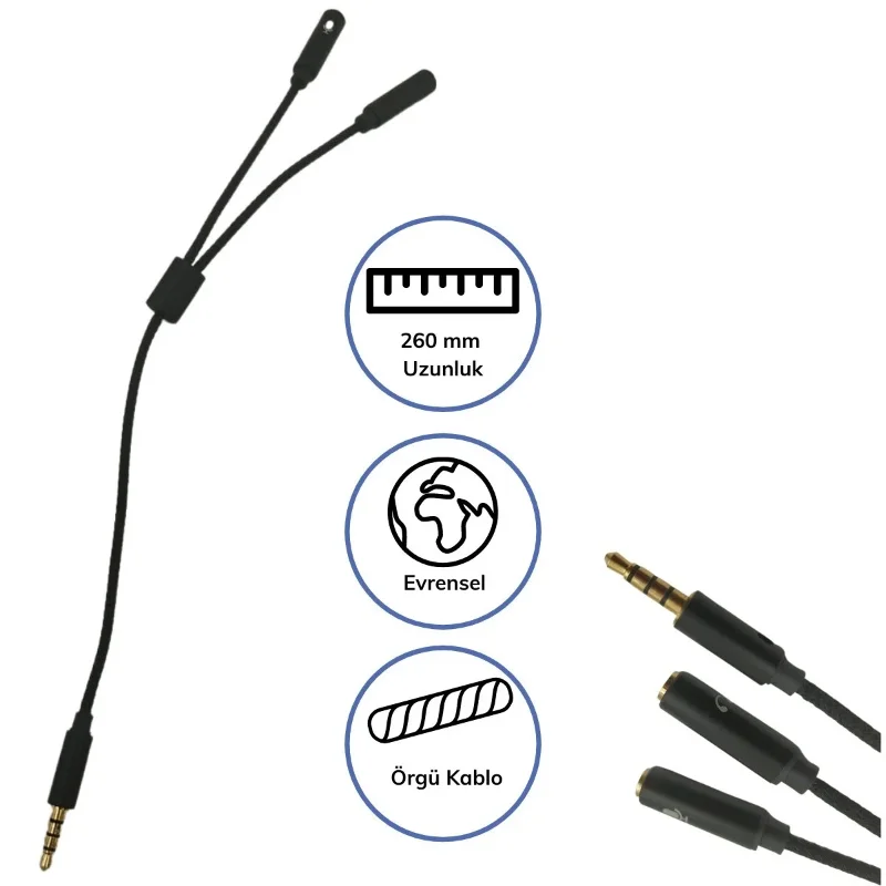 Siyah Örgü Kablo 1 Erkek 2 Dişi 3.5 Mm Aux Çoklayıcı