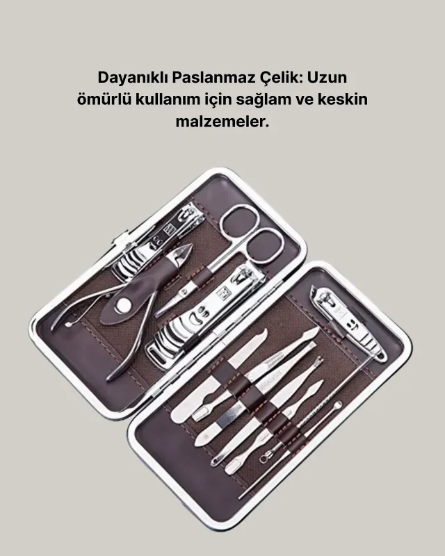 Deri Çantalı Tırnak Bakım Seti Paslanmaz Çelik Aletler 10'lu