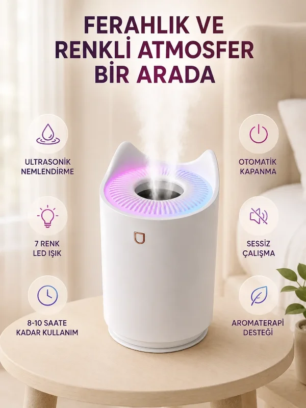 Şık Aromaterapi Oda Nemlendirici 7 Renk Led Işıklı