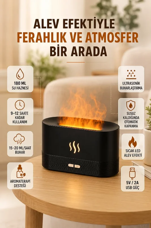 Alev Efektli Aroma Difüzörü 9-12 Saat Kullanım Süresi