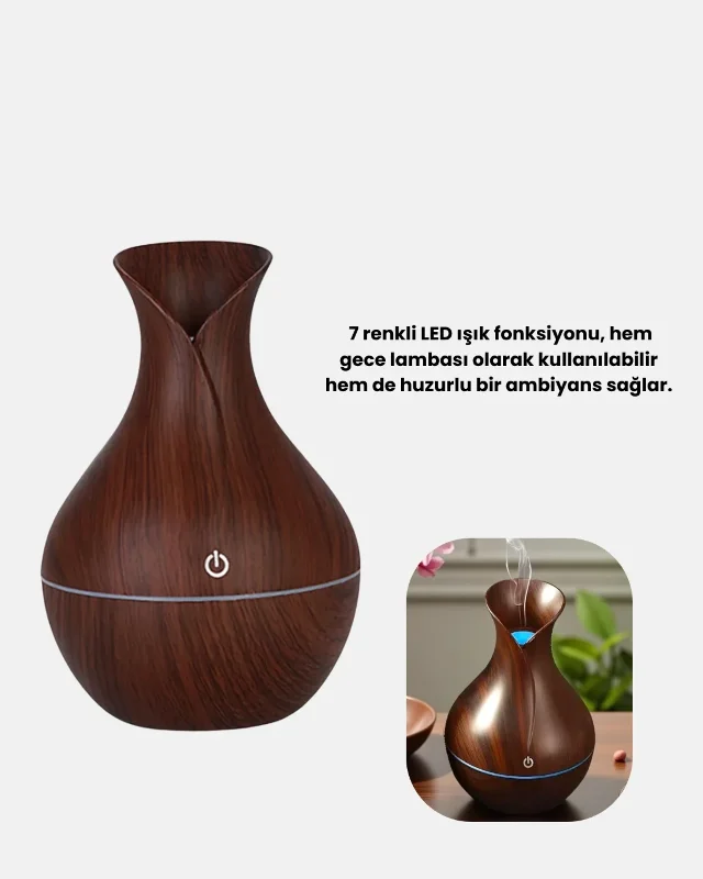 Estetik Ahşap Desenli Aromaterapi Difüzör 130 Ml Led Işıklı