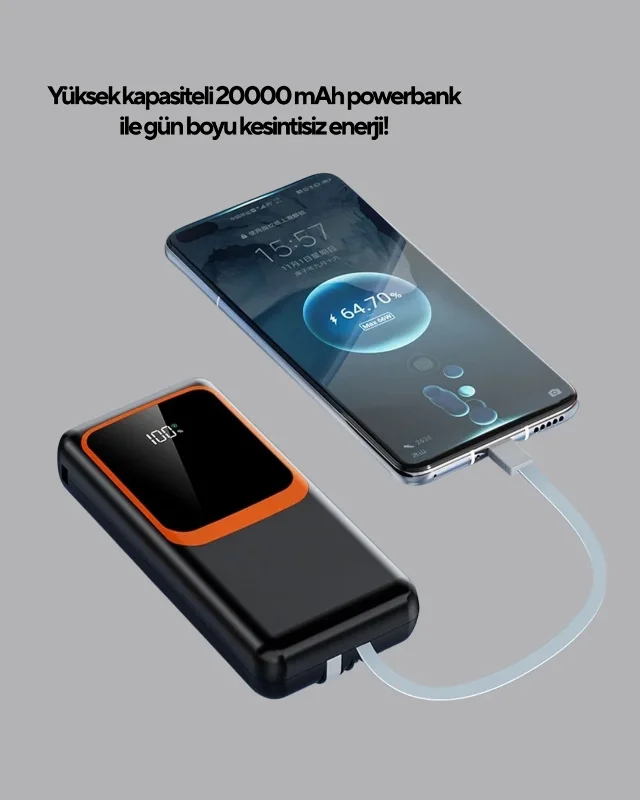 Kompakt Hızlı Şarjlı Powerbank 20000 Mah Çoklu Kablo Çıkışlı