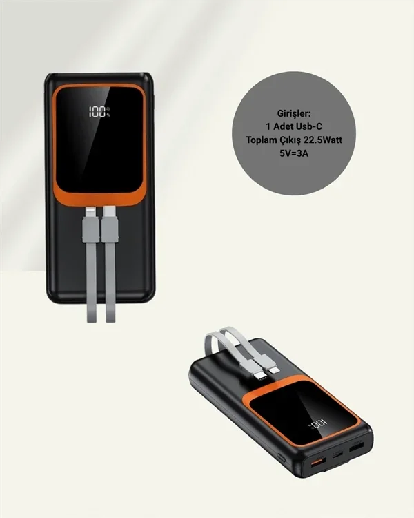 Taşınabilir Hızlı Şarj Powerbank 20000 Mah Çok Kablolu
