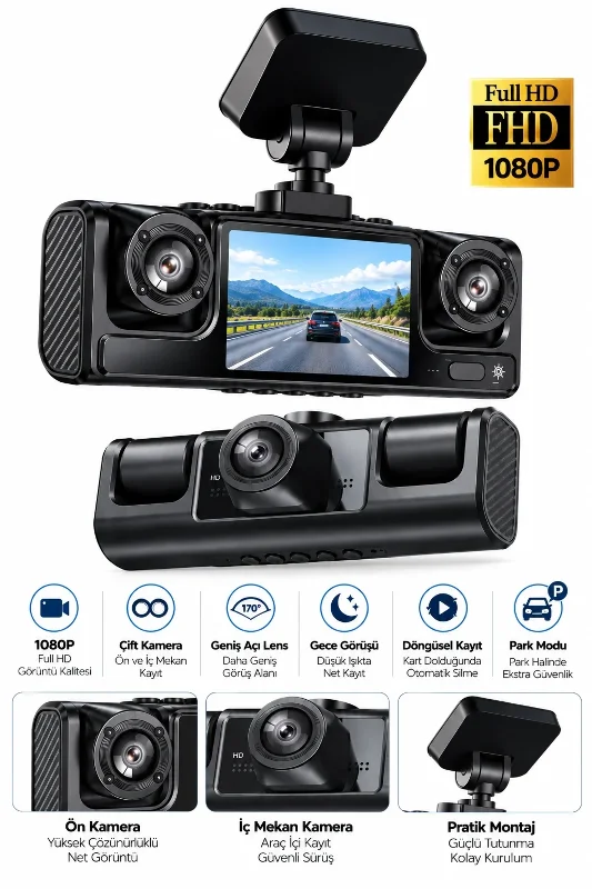 Geniş Açılı Full Hd Araç Kamerası 1080p Çift Kamera