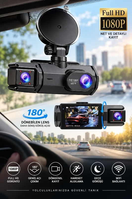 Geniş Açı Full Hd 1080p Çift Kamera Wifi Araç Kaydedici