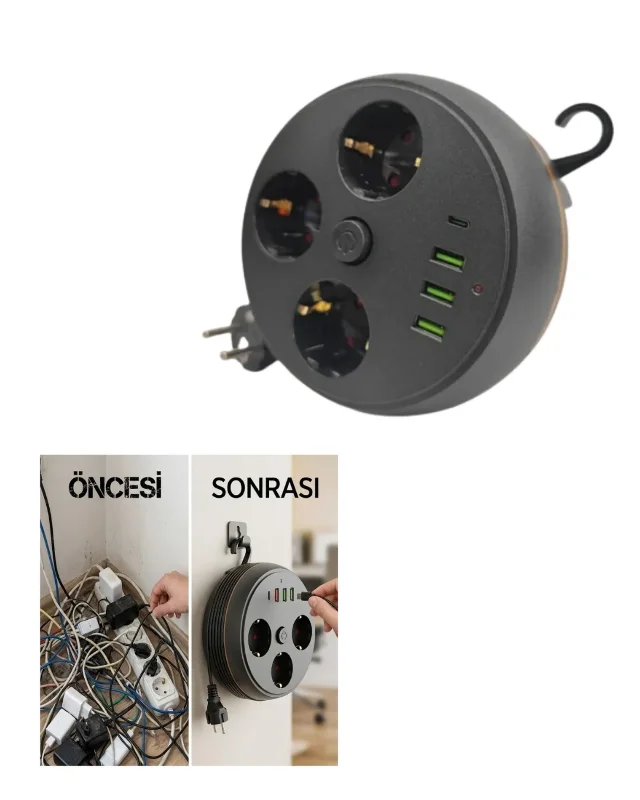 Gelişmiş Çoklu Priz 3 Priz 3 Usb 2 Metre Uzun Kablo