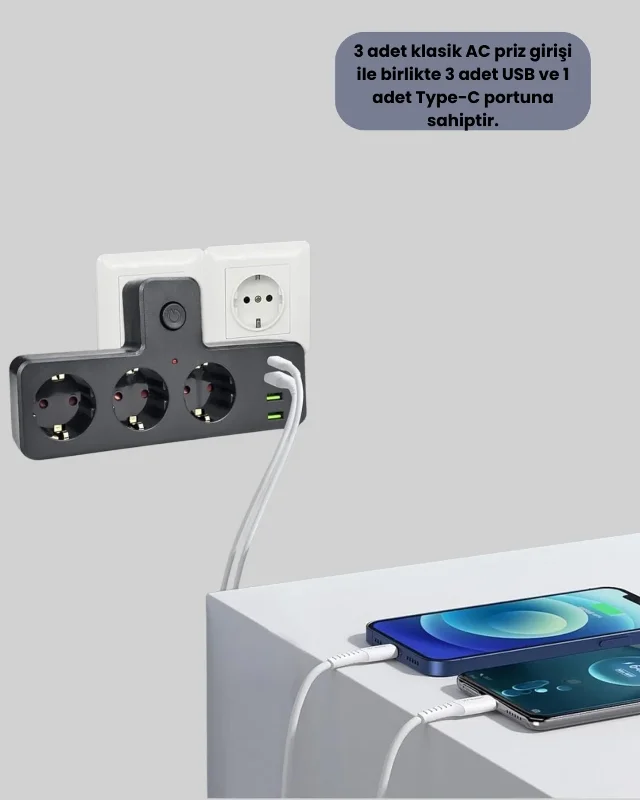 Usb Ve Type-c Çıkışlı Çoklu Priz 7'li Güç Dağıtıcı
