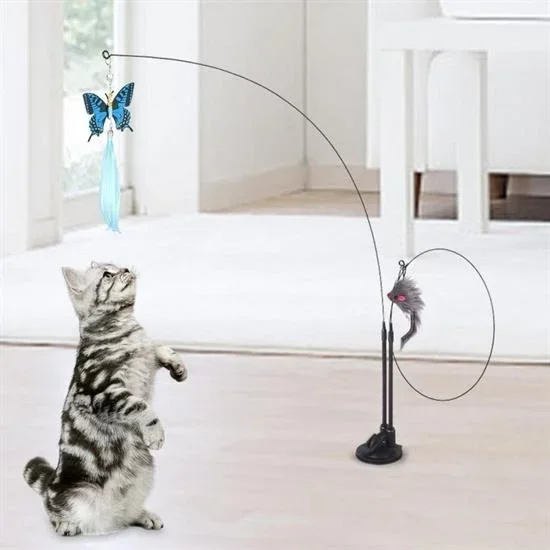Eğlenceli Vantuzlu Tüylü Zilli Olta Kedi Oyuncağı