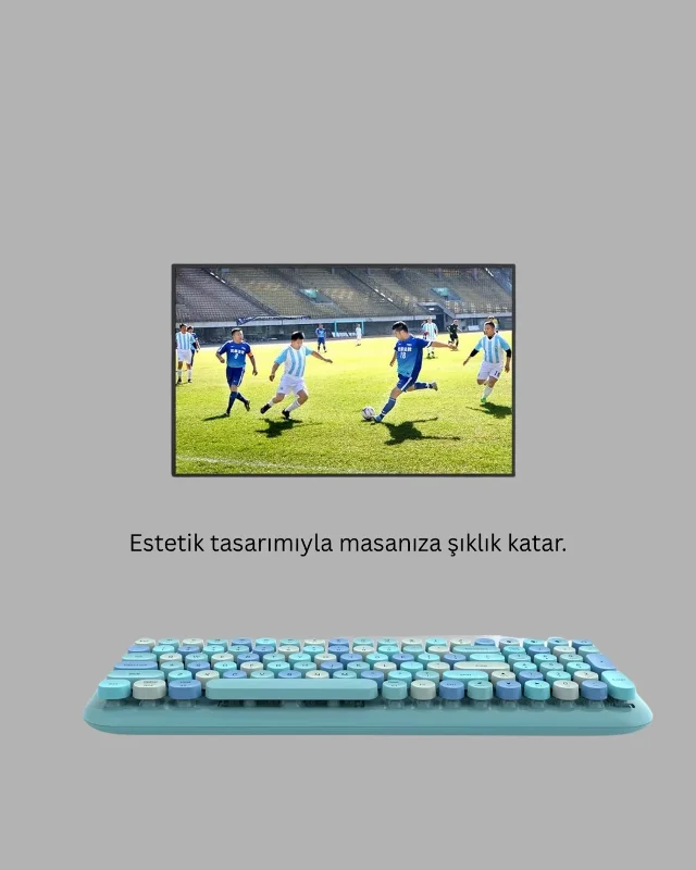 Retro Tasarımlı Kablosuz Klavye Mouse Seti Mavi