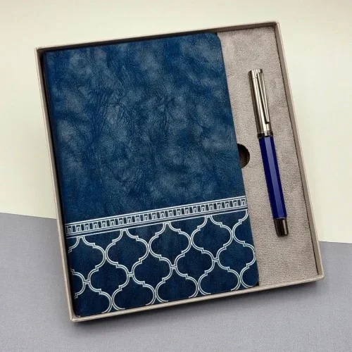 Şık Kutulu Deri Defter Ve Metal Kalem Seti