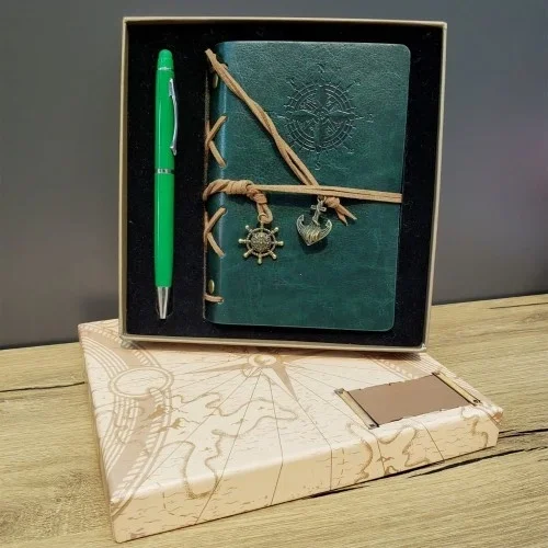 Şık Hediyelik Defter Kalem Seti Pusula Desenli 1 Adet