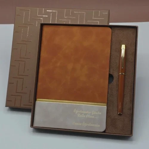 Lüks Öğretmene Hediye Seti Deri Defter Metal Kalem