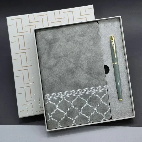 Şık Hediyelik Defter Kalem Seti Gri Desenli Kutu İle