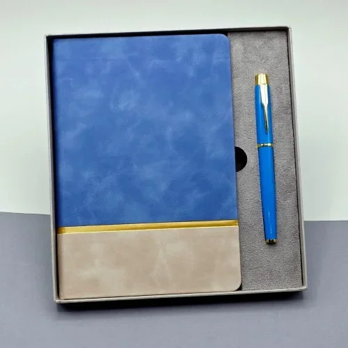 Şık Gold Detaylı Mavi Defter Ve Kalem Seti 96 Yaprak