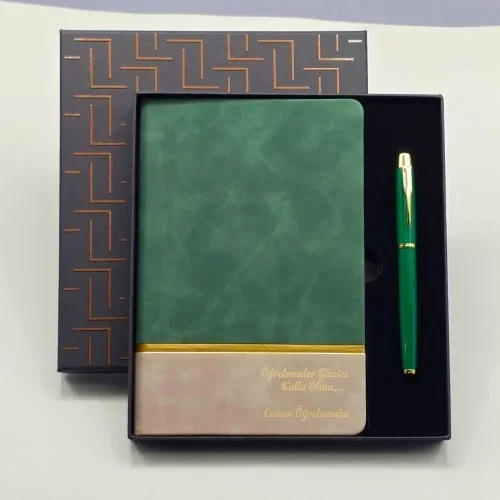 Şık Yeşil Defter Ve Metal Kalem Seti Hediye Kutusu