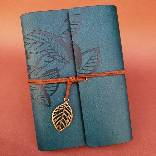 Petrol Mavisi Deri Defter 18.5x12.5 Cm Yaprak Desenli