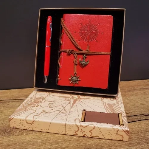Şık Pusula Tasarım Deri Defter Ve Dokunmatik Kalem Seti