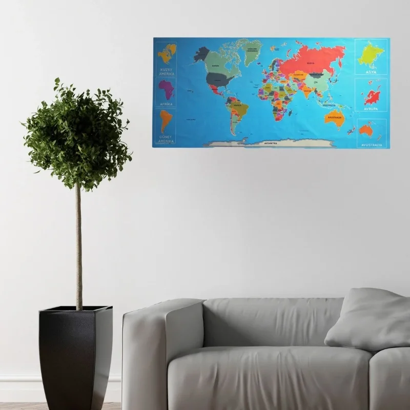 Manyetik Yapıştırıcı Gerektirmeyen Renkli Dünya Haritası 118x56 Cm