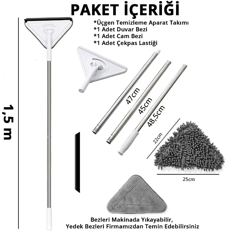 Mikrofiber Üçgen Mop 150 Cm Duvar Tavan Temizleyici